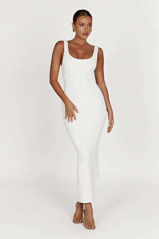 Polyester maxi dresses for easy - care and durability Hadley Backless Knit Maxi Dress - White Polyester maxi dresses for easy - care and durability Hadley Backless Knit Maxi Dress - White