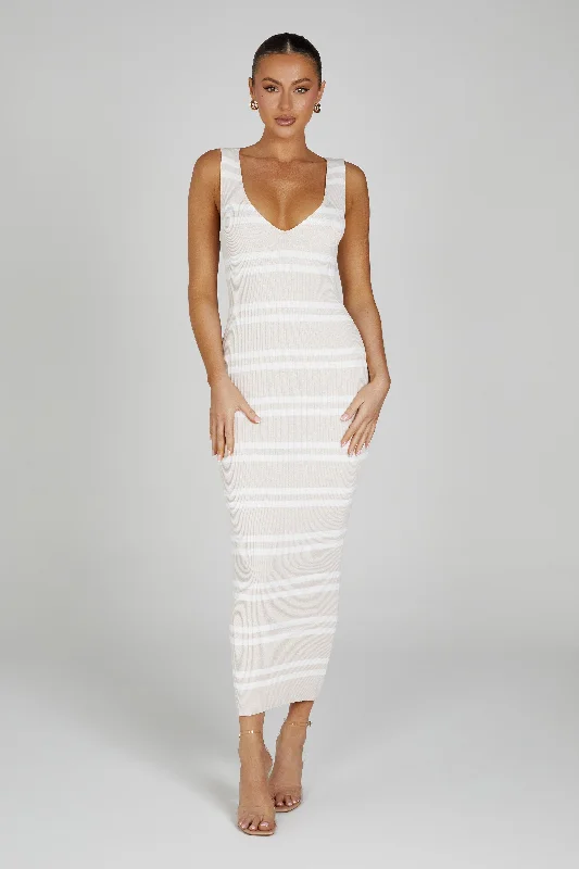 Maxi dresses with a ruffled neckline for a charming look Henrietta Stripe Knit Maxi Dress - Nude/White Maxi dresses with a ruffled neckline for a charming look Henrietta Stripe Knit Maxi Dress - Nude/White
