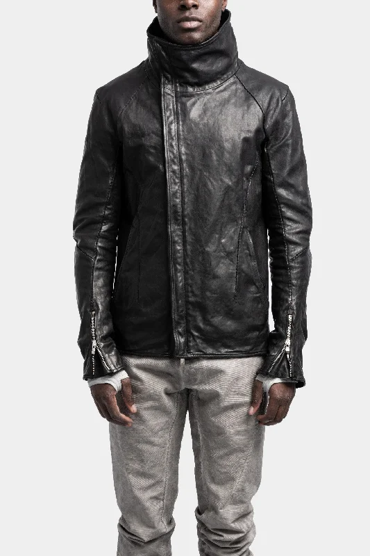 Women's leather leather scarves with a geometric print High neck darted raglan shoulder scar stitch leather jacket Women's leather leather scarves with a geometric print High neck darted raglan shoulder scar stitch leather jacket