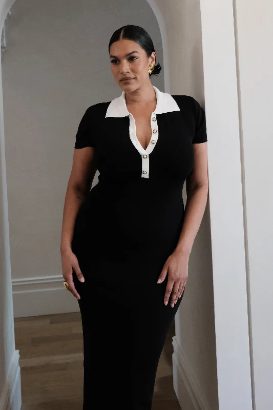 Maxi dresses with a wrap - around style for a customizable fit Jessamine Collared Contrast Maxi Dress - Black Maxi dresses with a wrap - around style for a customizable fit Jessamine Collared Contrast Maxi Dress - Black