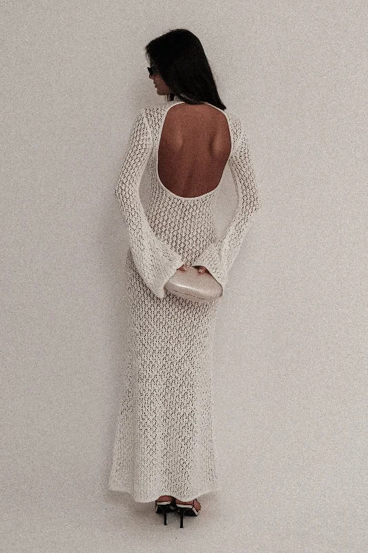 Maxi dresses with cold - shoulder cutouts for a trendy look Julia Crochet Open Back Maxi Dress - White Maxi dresses with cold - shoulder cutouts for a trendy look Julia Crochet Open Back Maxi Dress - White