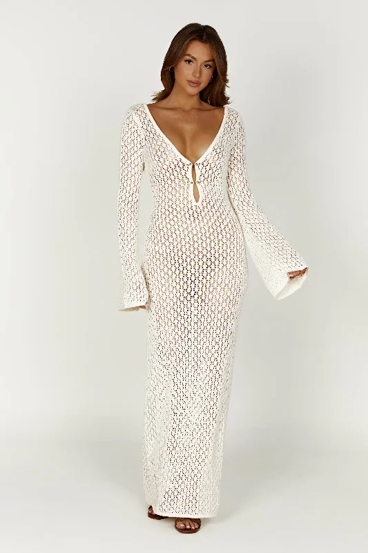 Maxi dresses with a V - neckline for a flattering and elongating shape Kayleigh Crochet Fishtail Flare Sleeve Maxi Dress - White Maxi dresses with a V - neckline for a flattering and elongating shape Kayleigh Crochet Fishtail Flare Sleeve Maxi Dress - White