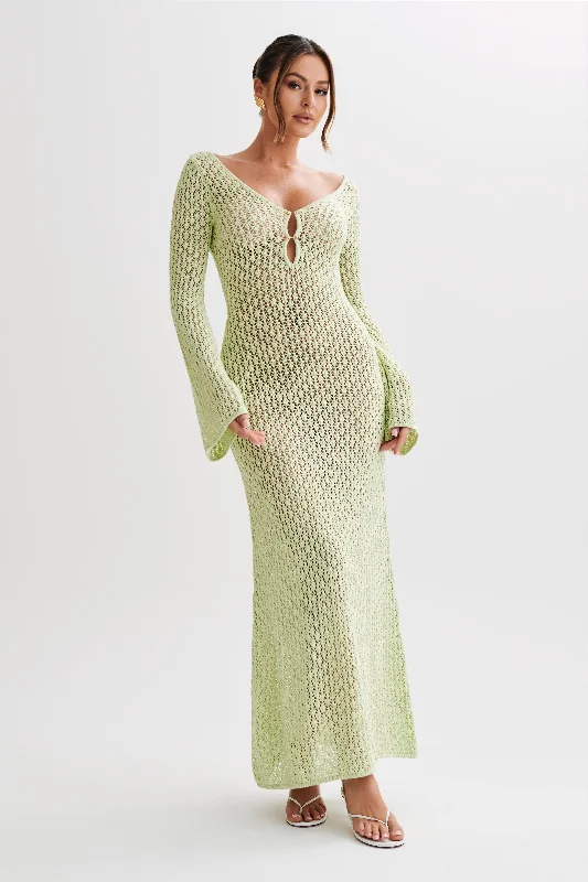 Maxi dresses with embroidered floral motifs for a unique design Kayleigh Crochet Fishtail Flare Sleeve Maxi Dress - Seafoam Green Maxi dresses with embroidered floral motifs for a unique design Kayleigh Crochet Fishtail Flare Sleeve Maxi Dress - Seafoam Green