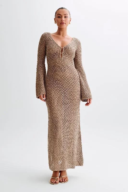 Metallic maxi dresses for a glamorous New Year's Eve party Kayleigh Crochet Fishtail Flare Sleeve Maxi Dress - Taupe Metallic maxi dresses for a glamorous New Year's Eve party Kayleigh Crochet Fishtail Flare Sleeve Maxi Dress - Taupe