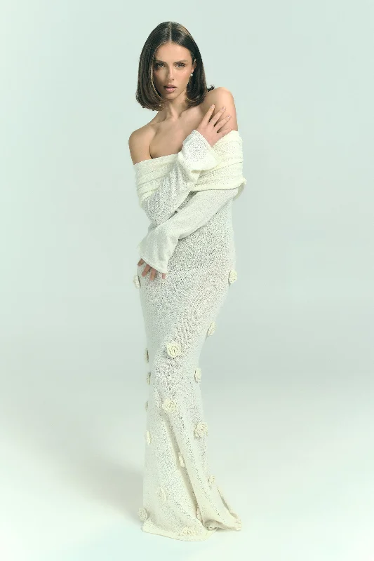 Maxi dresses with a keyhole back for a sexy detail Kiki Off Shoulder Knit Rose Maxi Dress - Ivory Maxi dresses with a keyhole back for a sexy detail Kiki Off Shoulder Knit Rose Maxi Dress - Ivory