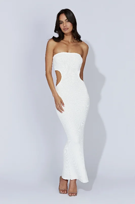 Maxi dresses with cut - out details on the sides for a modern edge Kori Knit Bandeau Maxi Dress - White Maxi dresses with cut - out details on the sides for a modern edge Kori Knit Bandeau Maxi Dress - White