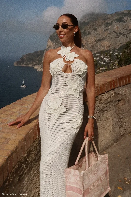 Satin maxi dresses with a high - low hem for a modern twist Kyla Floral Crochet Maxi Dress - Ivory Satin maxi dresses with a high - low hem for a modern twist Kyla Floral Crochet Maxi Dress - Ivory