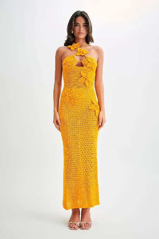 Maxi dresses with a keyhole back for a sexy detail Kyla Floral Crochet Maxi Dress - Orange Sherbet Maxi dresses with a keyhole back for a sexy detail Kyla Floral Crochet Maxi Dress - Orange Sherbet