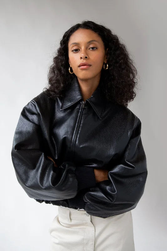 Women's leather leather fingerless gloves for driving VEGAN LEATHER BUBBLE HEM BOMBER JACKET Women's leather leather fingerless gloves for driving VEGAN LEATHER BUBBLE HEM BOMBER JACKET