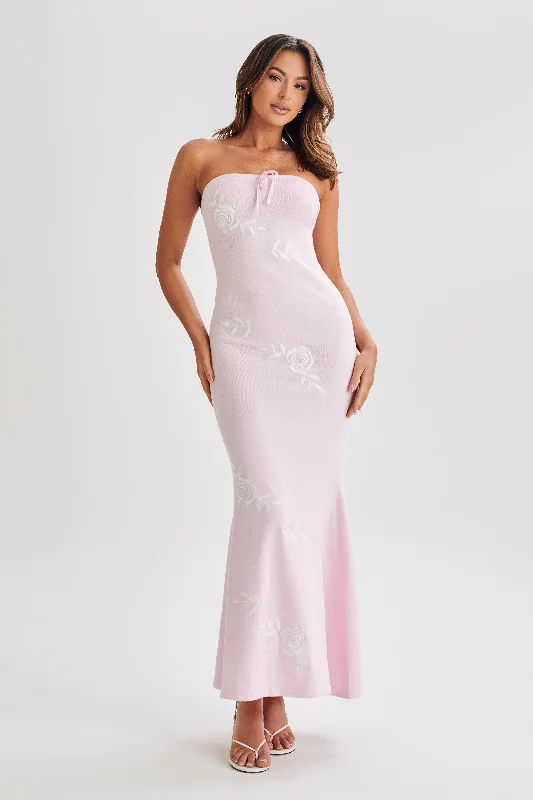 Metallic maxi dresses for a glamorous New Year's Eve party Lorelai Strapless Rose Knit Maxi Dress - Fairy Floss Pink Metallic maxi dresses for a glamorous New Year's Eve party Lorelai Strapless Rose Knit Maxi Dress - Fairy Floss Pink