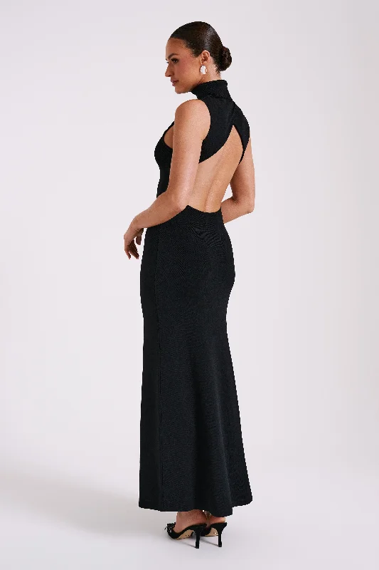 Leather maxi dresses for an edgy and bold appearance Louisa High Neck Knit Maxi Dress - Black Leather maxi dresses for an edgy and bold appearance Louisa High Neck Knit Maxi Dress - Black