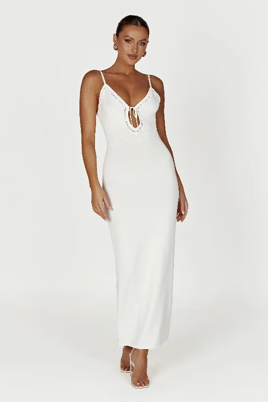 Ruffled maxi dresses with a tiered skirt for added volume Maia Pointelle Knit Maxi Dress - White Ruffled maxi dresses with a tiered skirt for added volume Maia Pointelle Knit Maxi Dress - White