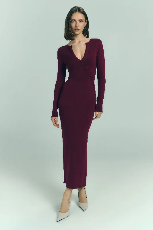 Maxi dresses with cold - shoulder cutouts for a trendy look Maria Long Sleeve Buttoned Knit Maxi Dress - Plum Maxi dresses with cold - shoulder cutouts for a trendy look Maria Long Sleeve Buttoned Knit Maxi Dress - Plum
