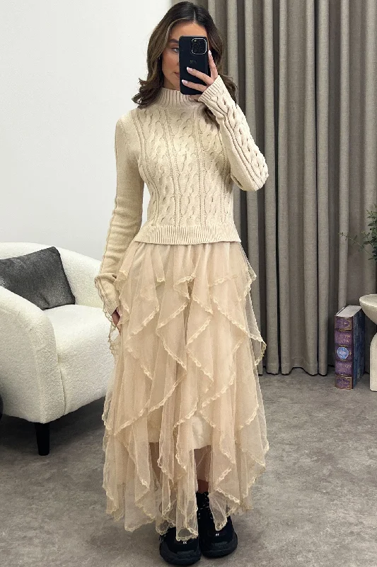 Maxi dresses with embroidered floral motifs for a unique design Mariah Beige Cable Knit Mesh Frill Maxi Dress Maxi dresses with embroidered floral motifs for a unique design Mariah Beige Cable Knit Mesh Frill Maxi Dress