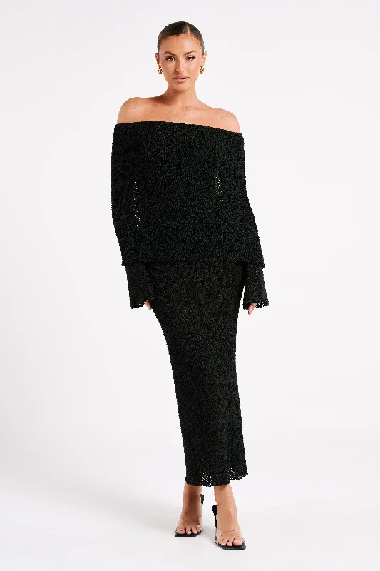 Polyester maxi dresses for easy - care and durability Marisol Off Shoulder Boucle Maxi Dress - Black Polyester maxi dresses for easy - care and durability Marisol Off Shoulder Boucle Maxi Dress - Black