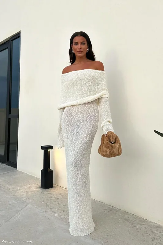 Maxi dresses with tassel accents for a fun and lively touch Marisol Off Shoulder Boucle Maxi Dress - Ivory Maxi dresses with tassel accents for a fun and lively touch Marisol Off Shoulder Boucle Maxi Dress - Ivory