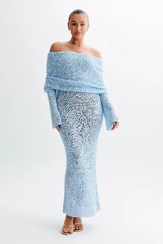 Sequined maxi dresses for formal evening galas Marisol Off Shoulder Boucle Maxi Dress - Light Blue Sequined maxi dresses for formal evening galas Marisol Off Shoulder Boucle Maxi Dress - Light Blue