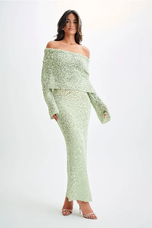 Maxi dresses with a belted empire waist for a more defined and flattering silhouette Marisol Off Shoulder Boucle Maxi Dress - Pastel Green Maxi dresses with a belted empire waist for a more defined and flattering silhouette Marisol Off Shoulder Boucle Maxi Dress - Pastel Green