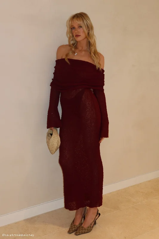 Linen maxi dresses for a breathable and lightweight summer option Marisol Off Shoulder Boucle Maxi Dress - Plum
