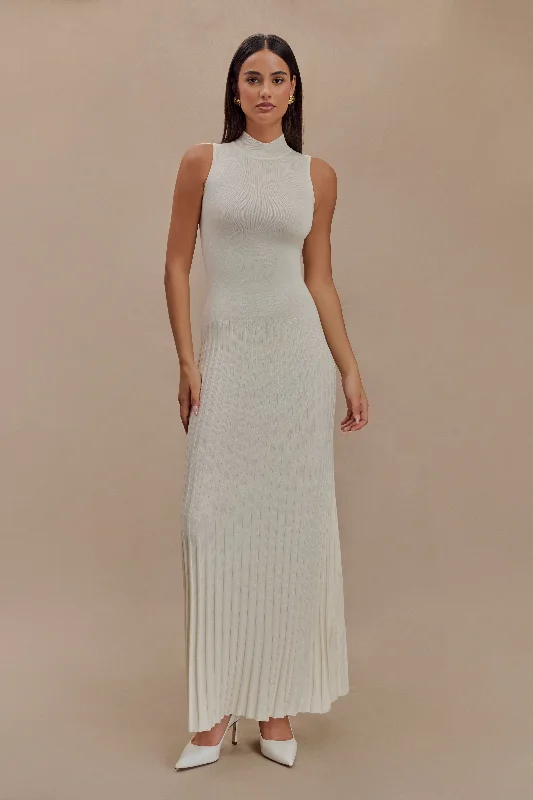 Sheer maxi dresses with lace overlays for a romantic touch Mavis High Neck Pleated Maxi Dress - Ivory Sheer maxi dresses with lace overlays for a romantic touch Mavis High Neck Pleated Maxi Dress - Ivory