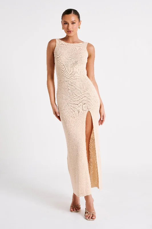 Metallic maxi dresses for a glamorous New Year's Eve party Maxine Sheer Knit Maxi Dress - Wheat Metallic maxi dresses for a glamorous New Year's Eve party Maxine Sheer Knit Maxi Dress - Wheat