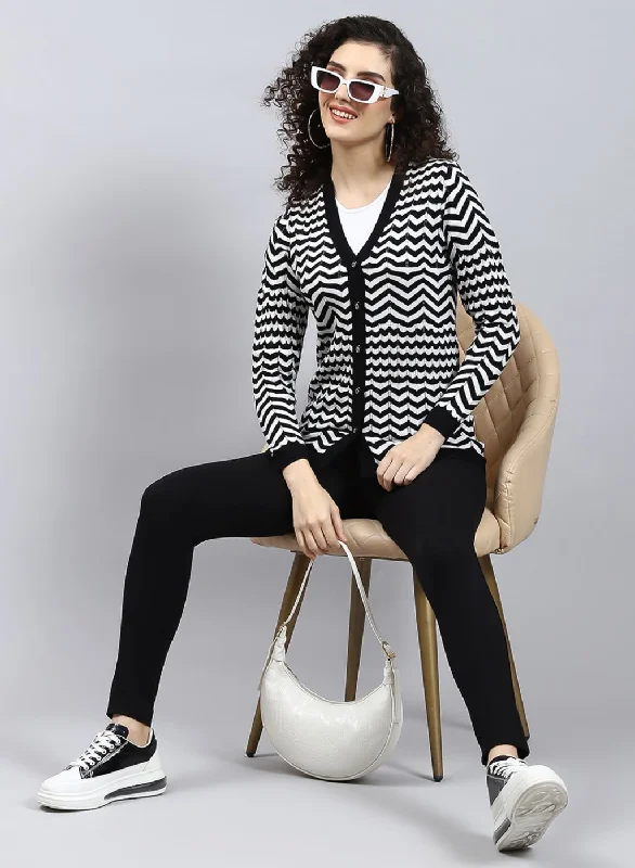 open front women cardigan for easy styling Women Black Stripe Wool blend Cardigan