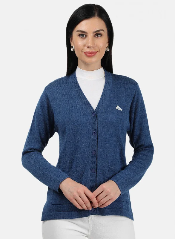 cable knit women cardigan with intricate patterns Women Blue Solid Cardigan