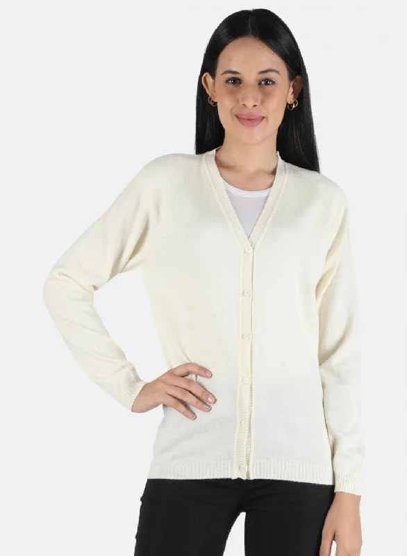 cropped women cardigan to pair with high - waisted jeans Women Cream Solid Cardigan