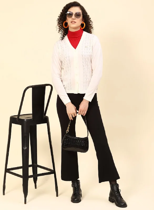 color block women cardigan with bold hues Women Off White Self Design Wool blend Cardigan color block women cardigan with bold hues Women Off White Self Design Wool blend Cardigan