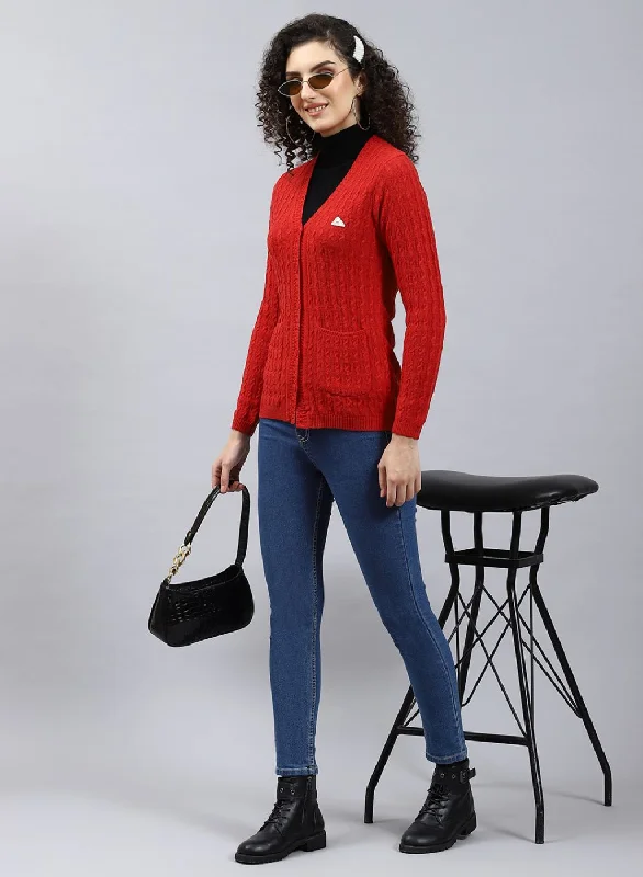 cropped women cardigan to pair with high - waisted jeans Women Red Self Design Wool blend Cardigan cropped women cardigan to pair with high - waisted jeans Women Red Self Design Wool blend Cardigan