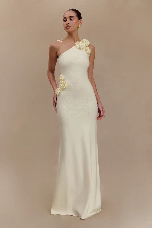 Maxi dresses with balloon sleeves for a vintage - inspired style Paloma One Shoulder Knit Maxi Dress With Flowers - Ivory Maxi dresses with balloon sleeves for a vintage - inspired style Paloma One Shoulder Knit Maxi Dress With Flowers - Ivory
