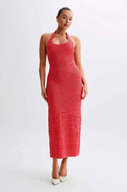 Maxi dresses with mesh panels for a sexy and trendy appearance Patrizia Knit Halter Maxi Dress - Pomegranate Maxi dresses with mesh panels for a sexy and trendy appearance Patrizia Knit Halter Maxi Dress - Pomegranate