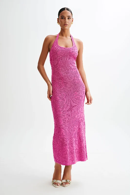 Sheer maxi dresses with lace overlays for a romantic touch Patrizia Knit Halter Maxi Dress - Violet Sheer maxi dresses with lace overlays for a romantic touch Patrizia Knit Halter Maxi Dress - Violet