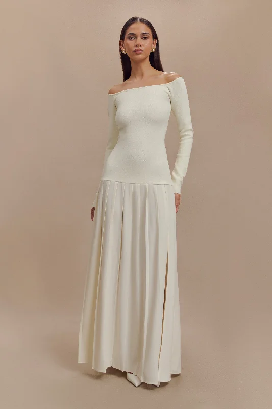 Satin maxi dresses with a high - low hem for a modern twist Presley Knit Off Shoulder Maxi Dress - Ivory Satin maxi dresses with a high - low hem for a modern twist Presley Knit Off Shoulder Maxi Dress - Ivory