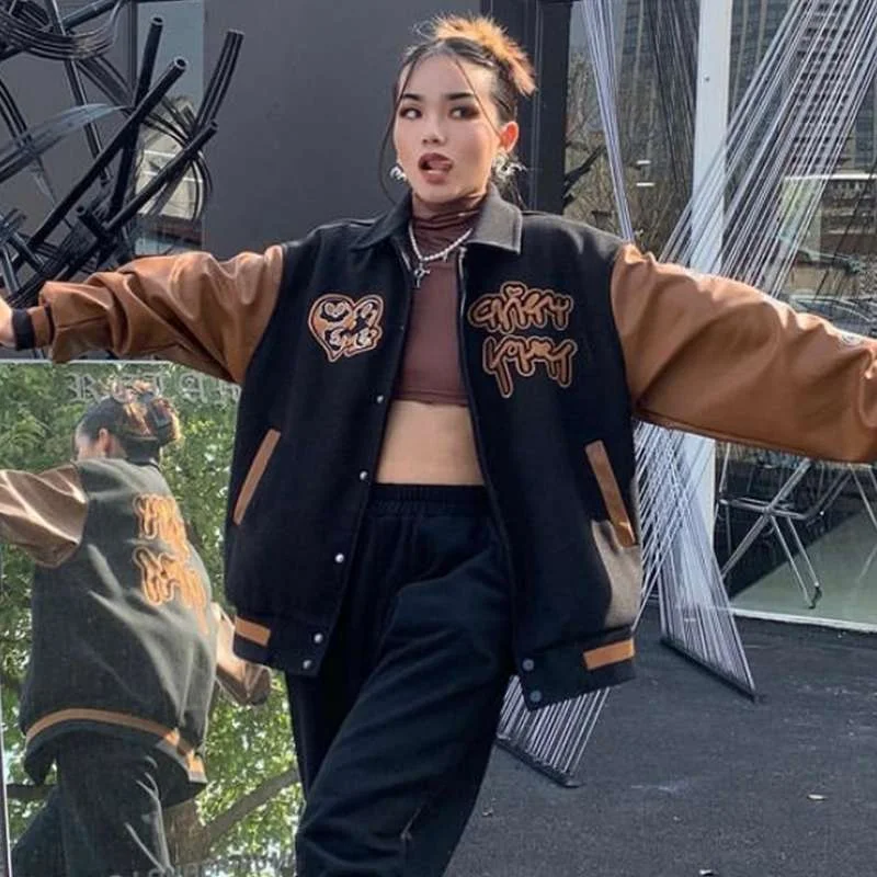 Women's leather leather swimwear cover - ups Retro Leather Stitching Baseball Uniform Jacket Women's leather leather swimwear cover - ups Retro Leather Stitching Baseball Uniform Jacket