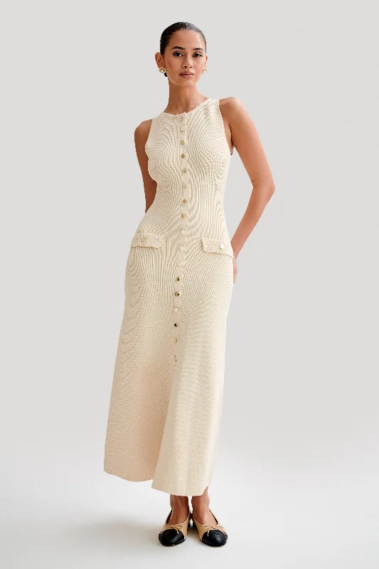 Velvet maxi dresses with long sleeves for winter weddings Sawyer Sleeveless Buttoned Maxi Dress - Ivory Velvet maxi dresses with long sleeves for winter weddings Sawyer Sleeveless Buttoned Maxi Dress - Ivory