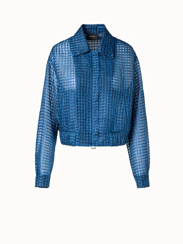 Women's double - breasted tweed jackets in classic colors for a sophisticated office look Sheer Silk Blouson with Window Plaid Embroidery Women's double - breasted tweed jackets in classic colors for a sophisticated office look Sheer Silk Blouson with Window Plaid Embroidery