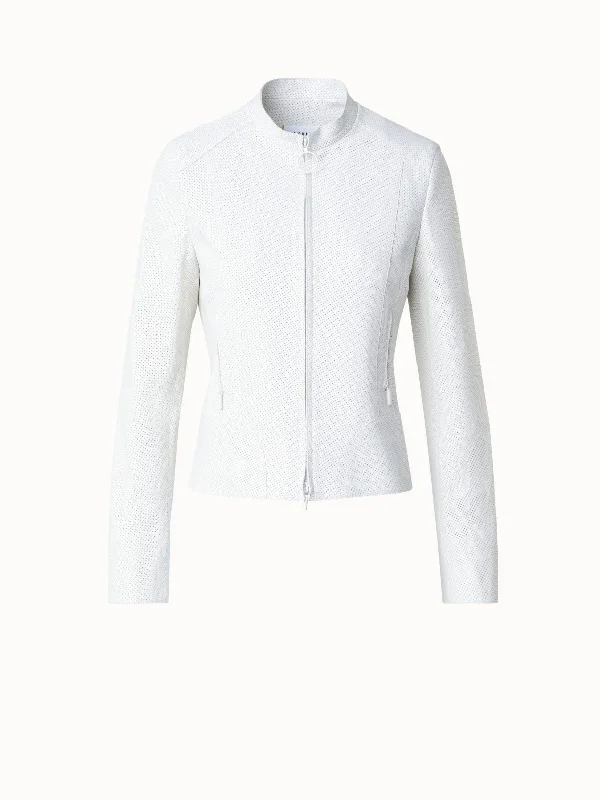 Women's long - line cardigan jackets in a soft knit for a cozy and elegant look Short Biker Jacket in Signature Pin Dot Leather Women's long - line cardigan jackets in a soft knit for a cozy and elegant look Short Biker Jacket in Signature Pin Dot Leather