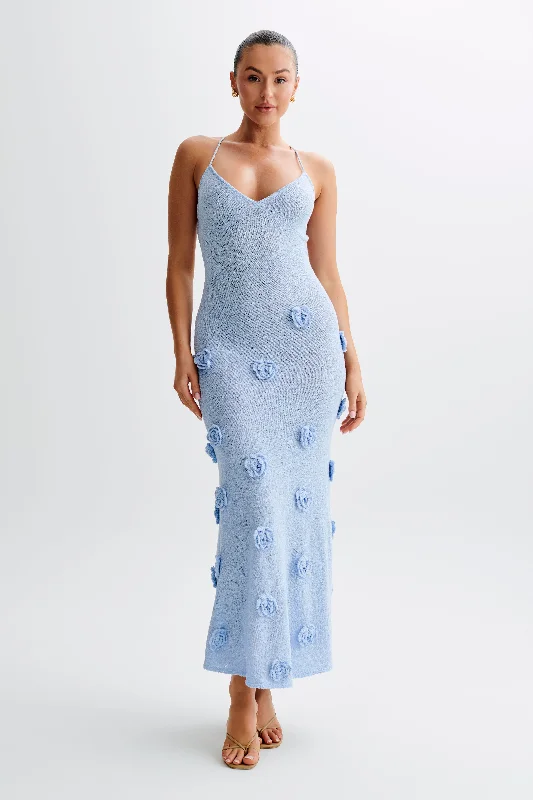 Polyester maxi dresses for easy - care and durability Suki Knit Maxi Dress With Flowers - Light Blue Polyester maxi dresses for easy - care and durability Suki Knit Maxi Dress With Flowers - Light Blue