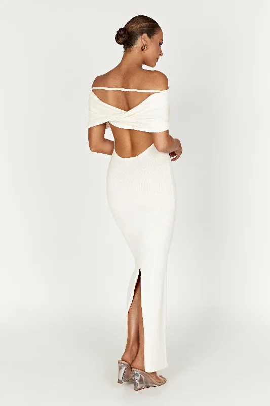 Maxi dresses with thin spaghetti straps for a delicate and feminine feel Terese Off Shoulder Knit Maxi Dress - Cream Maxi dresses with thin spaghetti straps for a delicate and feminine feel Terese Off Shoulder Knit Maxi Dress - Cream
