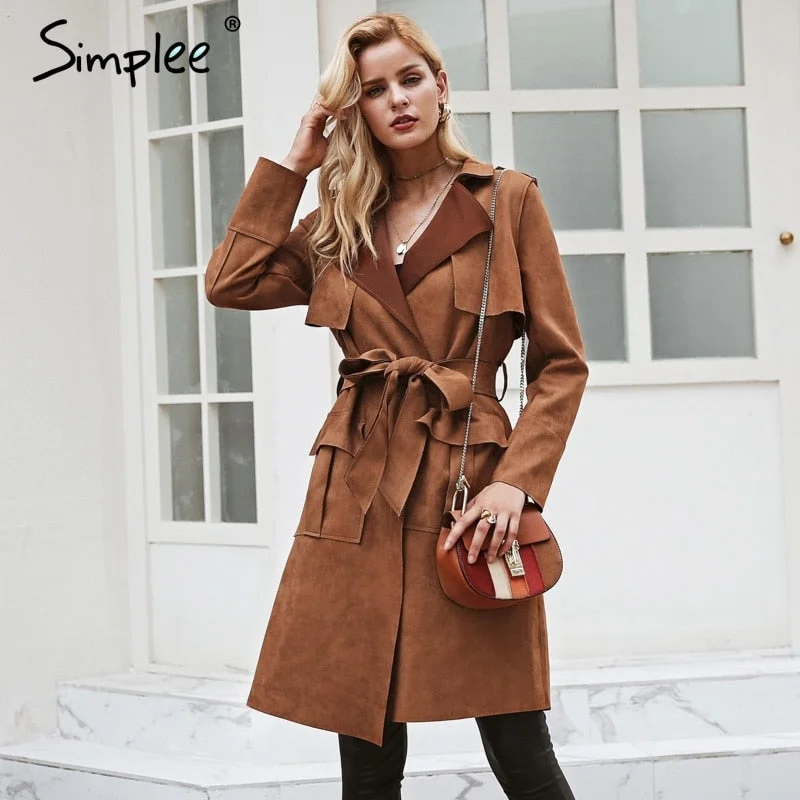 Women's leather leather sheath dresses for a sleek appearance Turn down collar sash suede trench coat Casual leather pocket Women's leather leather sheath dresses for a sleek appearance Turn down collar sash suede trench coat Casual leather pocket