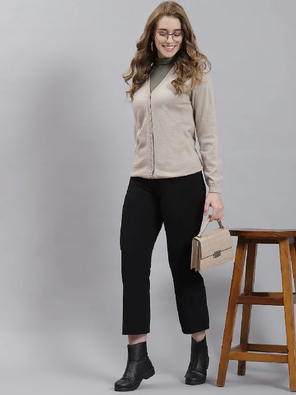 lightweight women cardigan for spring and fall Women Beige Solid Cardigan