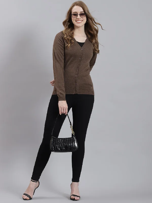 cable knit women cardigan with intricate patterns Women Brown Solid Cardigan