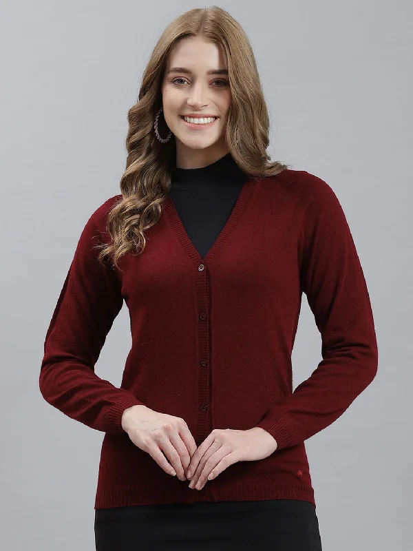cropped women cardigan to pair with high - waisted jeans Women Maroon Solid Cardigan cropped women cardigan to pair with high - waisted jeans Women Maroon Solid Cardigan
