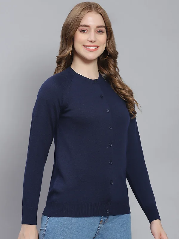 cropped women cardigan to pair with high - waisted jeans Women Navy Blue Solid Round Neck Full Sleeve Cardigans cropped women cardigan to pair with high - waisted jeans Women Navy Blue Solid Round Neck Full Sleeve Cardigans