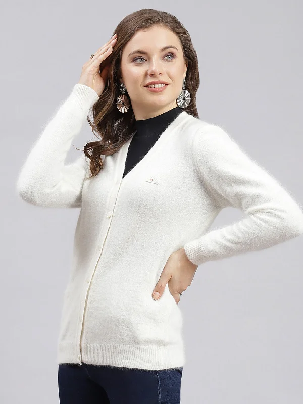 color block women cardigan with bold hues Women Off White Solid Angoora Cardigan