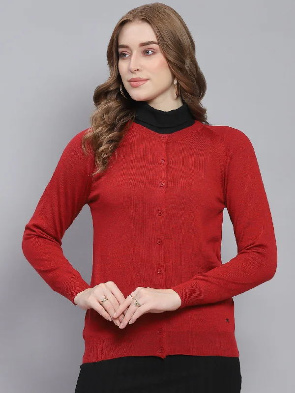 sequin embellished women cardigan for special occasions Women Red Solid Round Neck Full Sleeve Cardigans