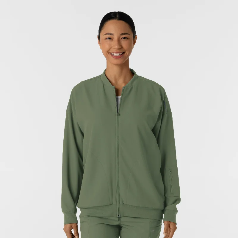 Women's bomber jackets with a holographic finish for a futuristic and eye - catching look Women's Bomber Scrub Jacket - Olive Women's bomber jackets with a holographic finish for a futuristic and eye - catching look Women's Bomber Scrub Jacket - Olive