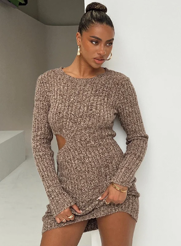Mini dresses with empire waists for a flattering fit Agena Long Sleeve Mini Dress Brown Mini dresses with empire waists for a flattering fit Agena Long Sleeve Mini Dress Brown
