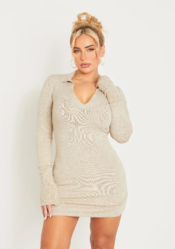 Mini dresses with tiered skirts for added volume Aleena Stone Knitted Flare Cuff Collared Mini Dress Mini dresses with tiered skirts for added volume Aleena Stone Knitted Flare Cuff Collared Mini Dress